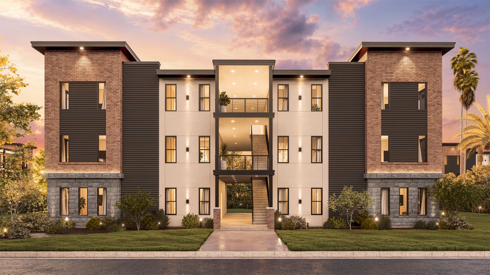 Front elevation rendering of the Carmel apartment building with brick end bays, a central glazed stair, and stone base