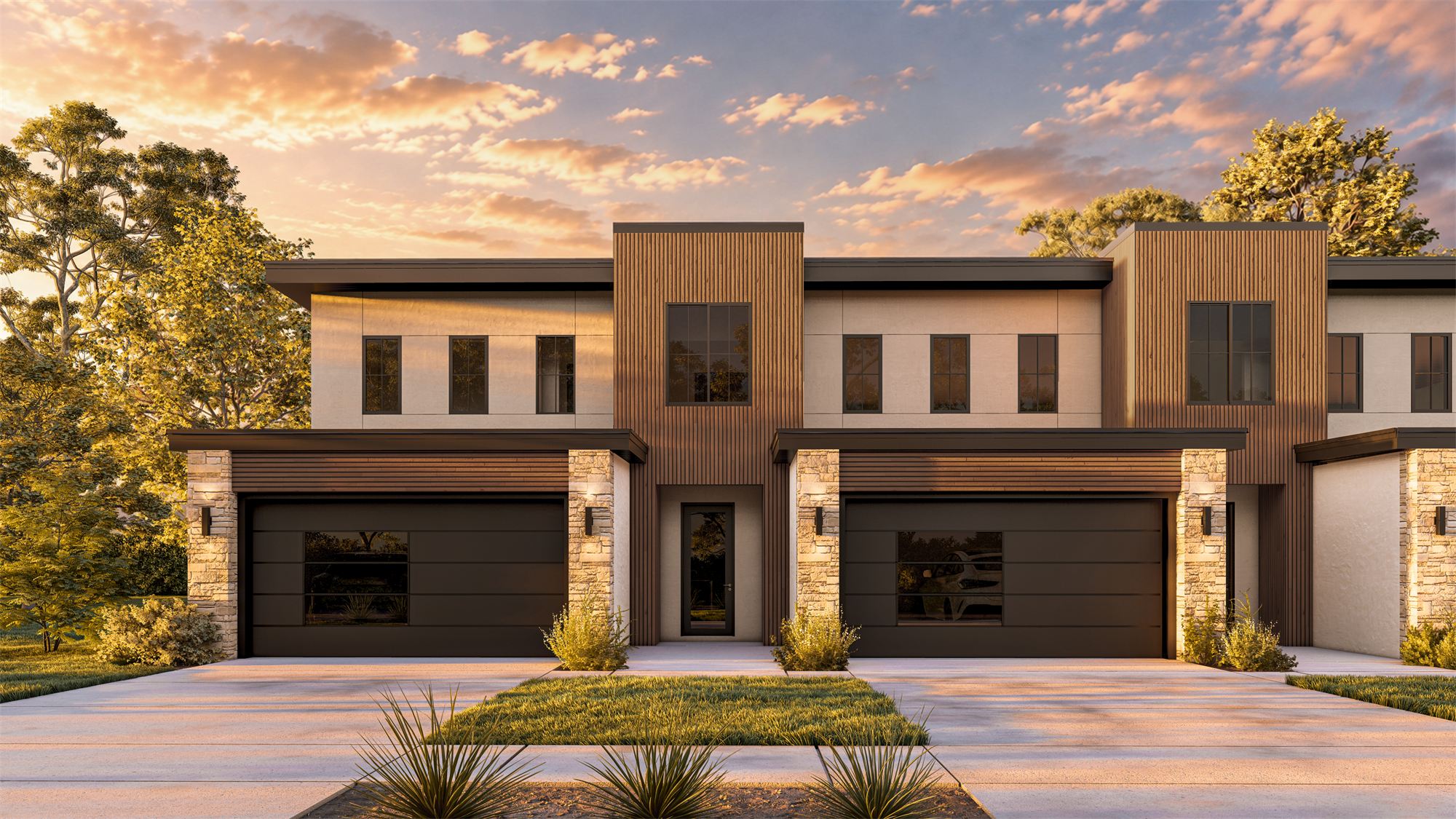 Davenport Townhouses: a unit entry between wood-clad garage bays