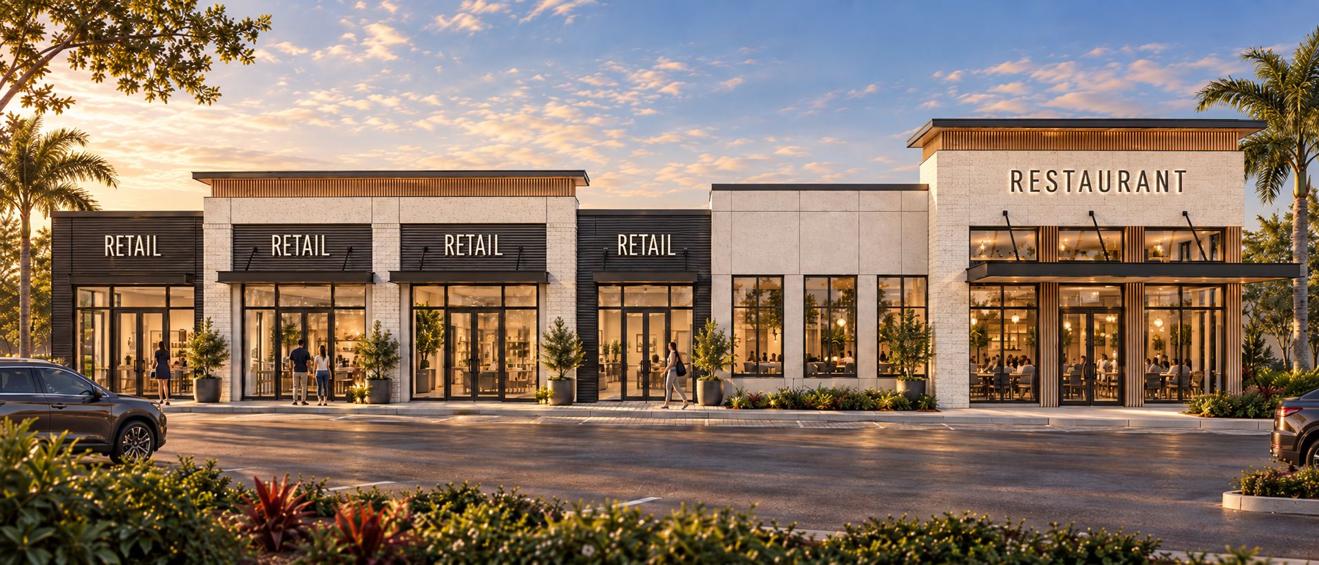 Haines City Plaza: a new commercial development with a restaurant and tenant storefronts under one facade
