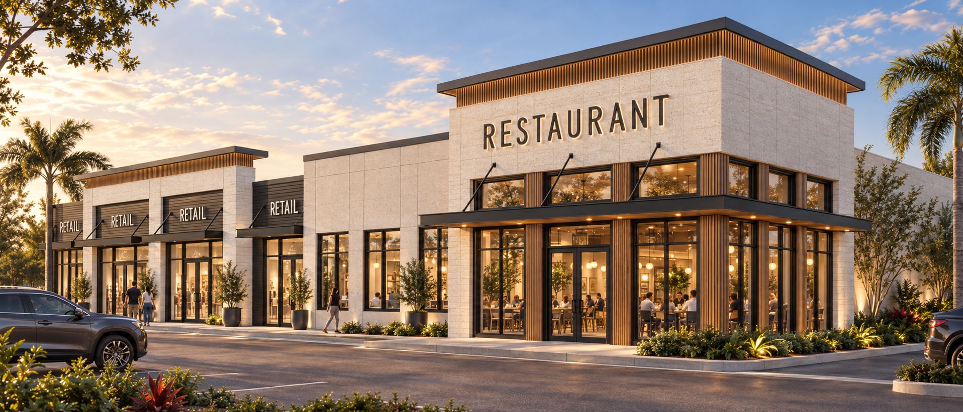 Rendering of Haines City Plaza with a restaurant at the corner and retail tenant spaces