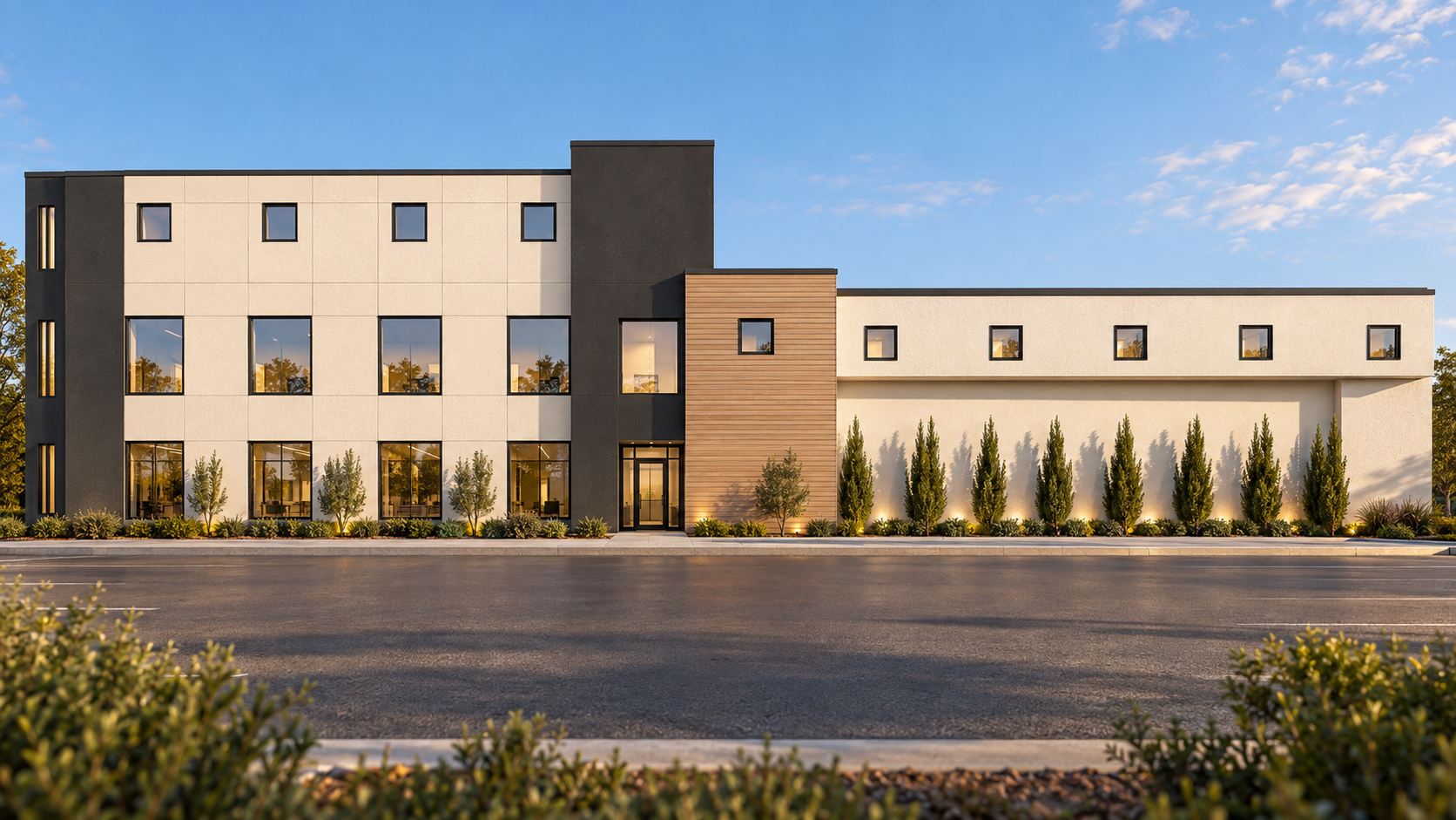 Proposed facade for the Henderson building in Tampa: light wall panels, dark vertical volumes, and a wood-toned entry bay