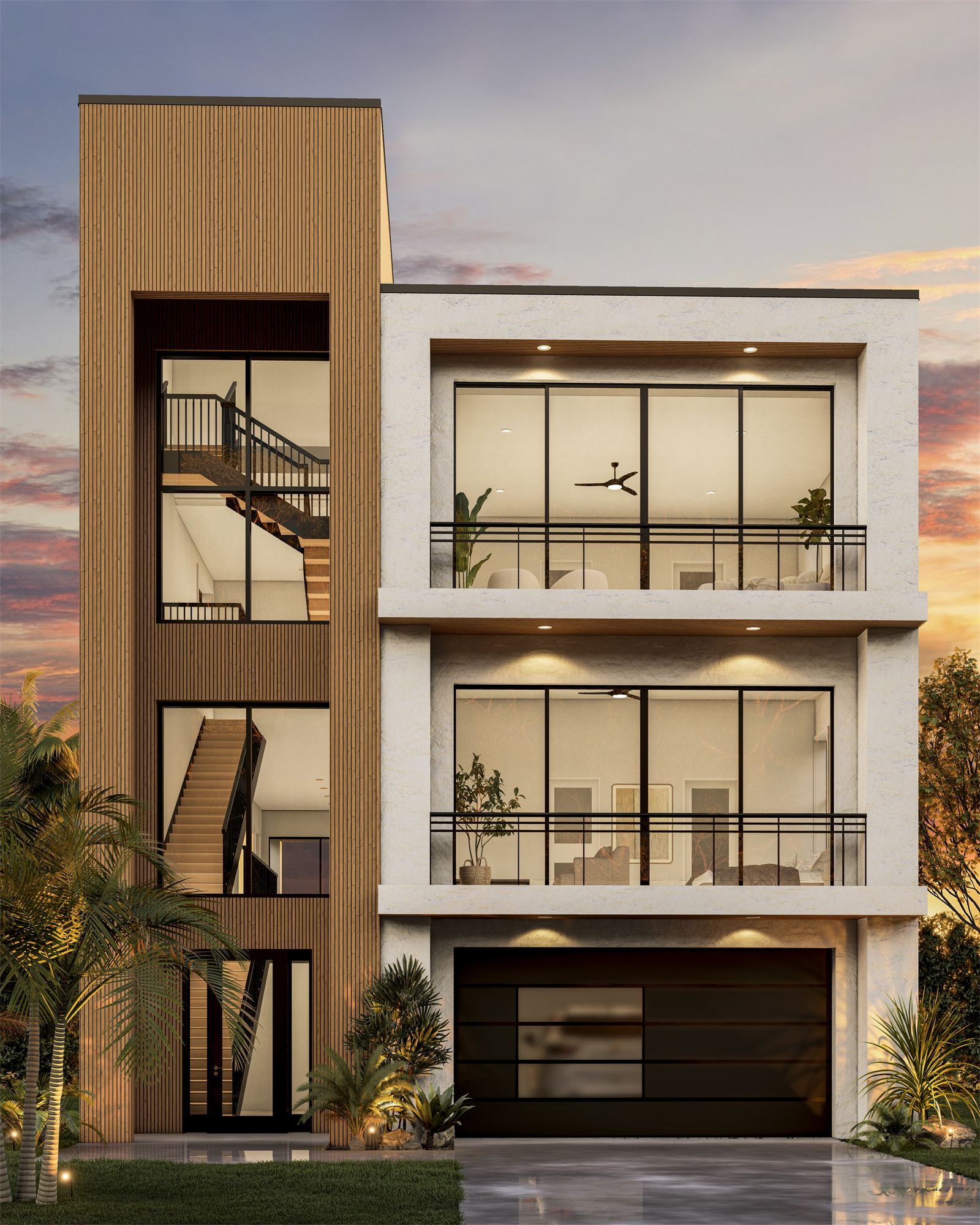 Three-story contemporary coastal residence in Indian Rocks Beach with a wood-clad stair tower and glass balconies at dusk
