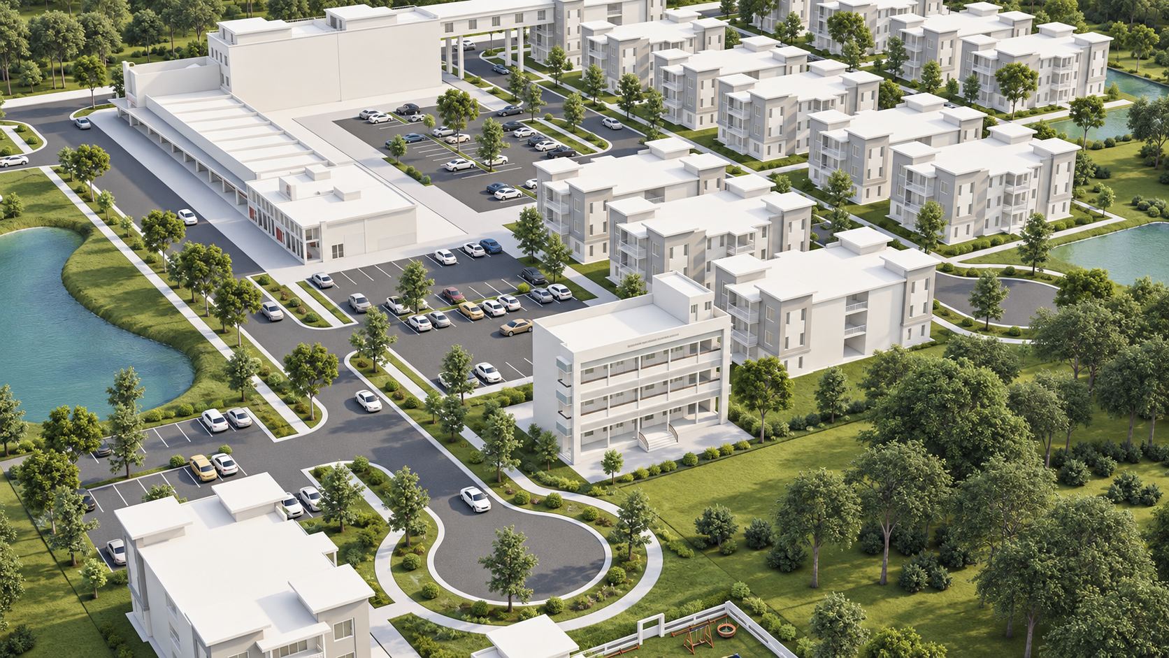 Aerial rendering of the Newberry Development showing apartment buildings, a commercial building, parking, and retention ponds