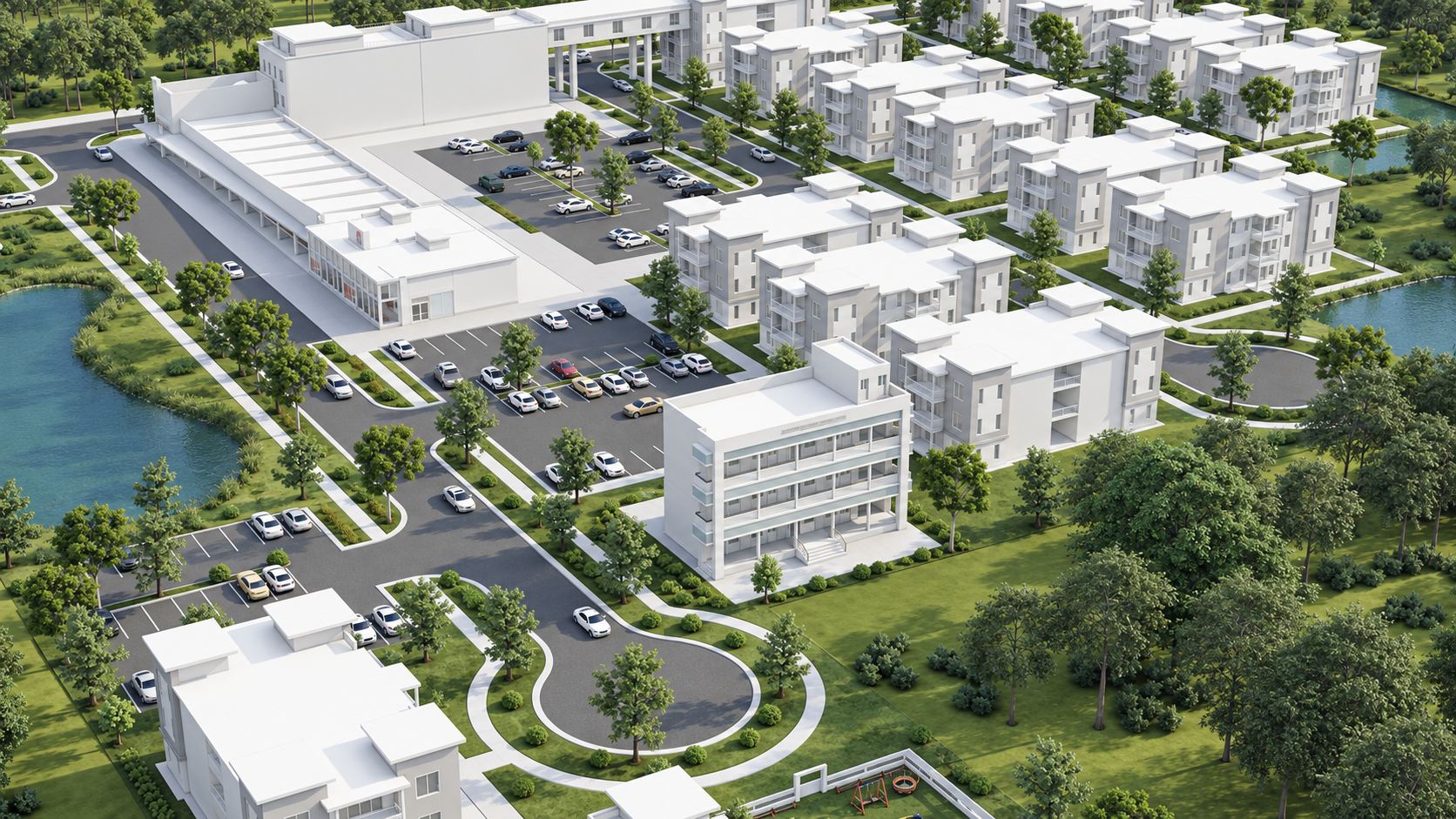 Aerial rendering of the Newberry Development mixed-use community with apartment buildings, commercial frontage, and landscaped retention areas