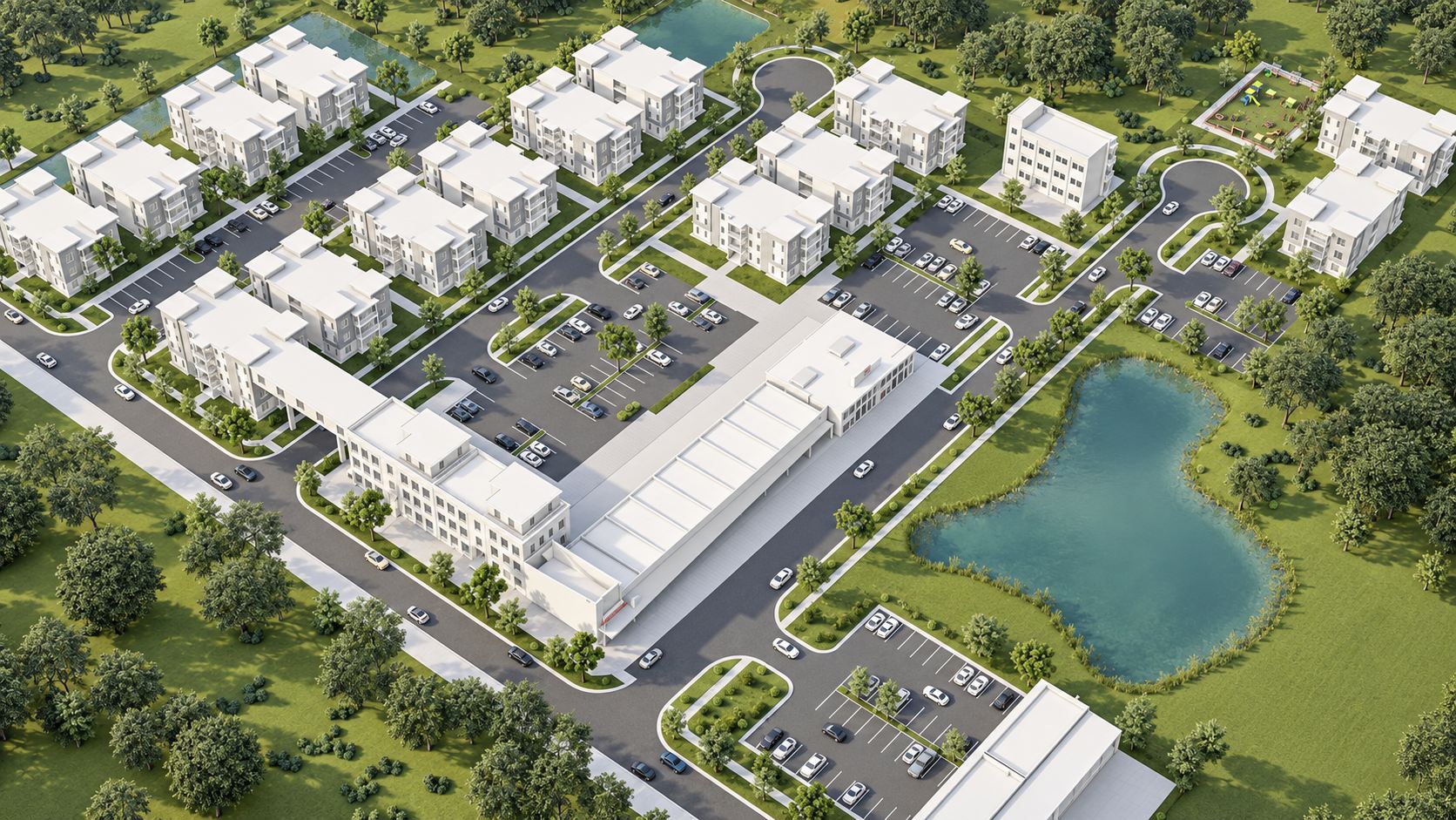 Aerial rendering of the Newberry Development with apartment buildings arranged around parking courts and a retention pond