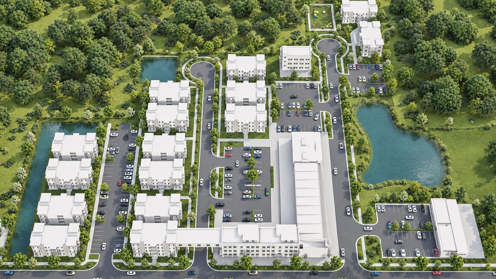Overhead aerial rendering of the Newberry Development site layout