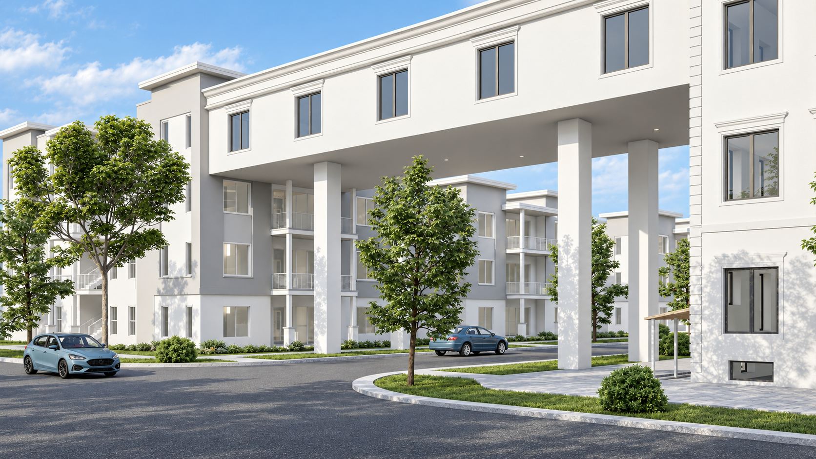 Street-level rendering of a Newberry Development building with a covered drive-through entry