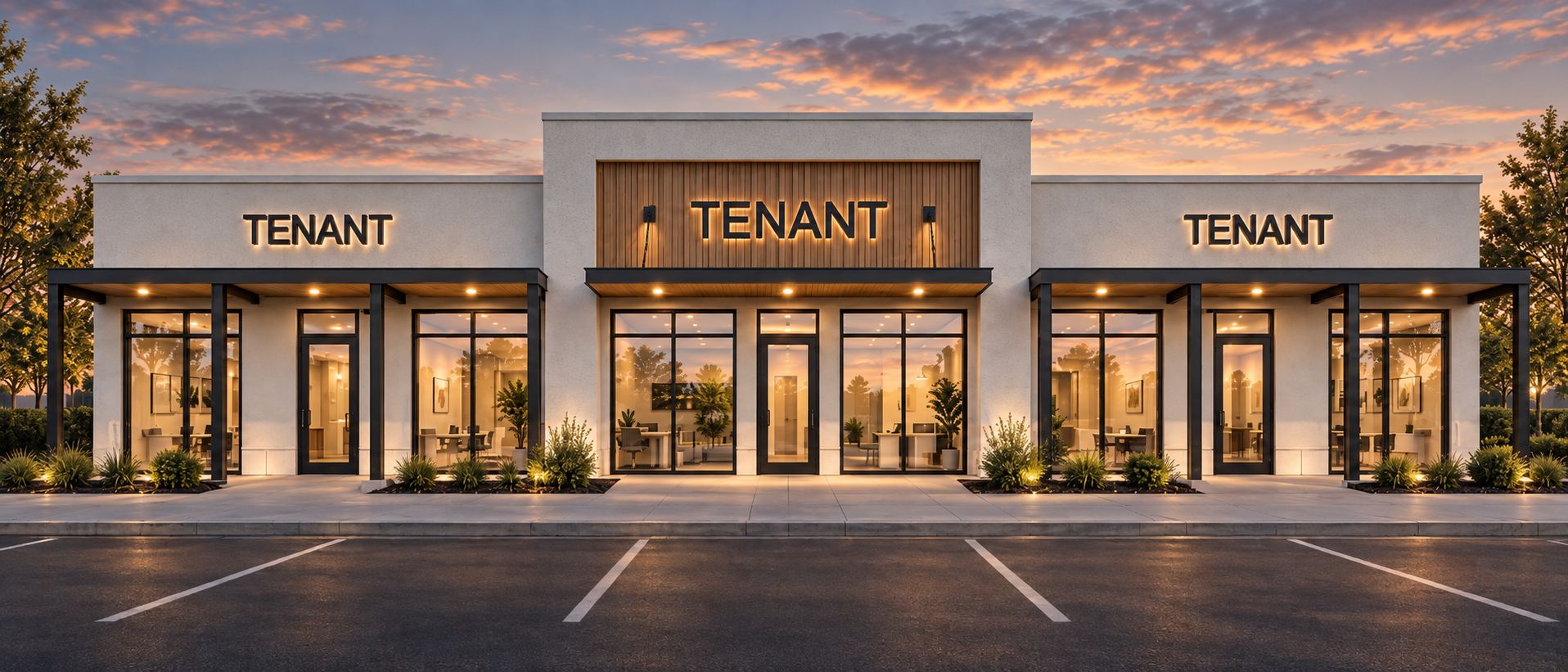 Front study of Singh Plaza in Orlando: tenant storefronts under a unified facade