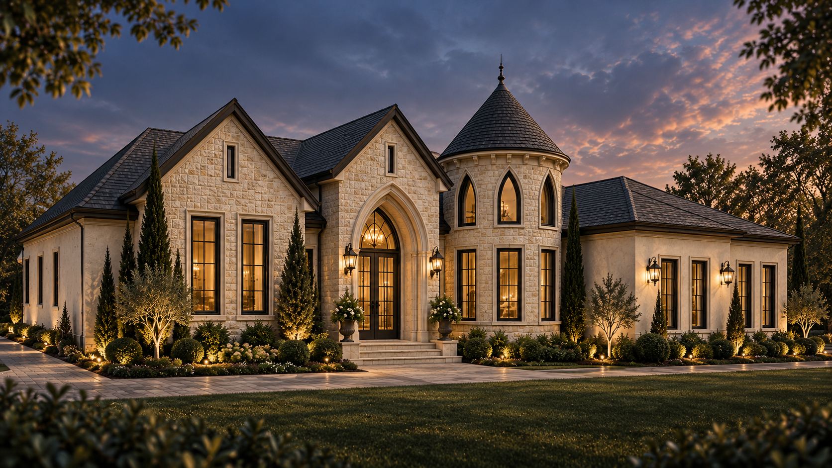 Angled view of the Zaman Residence in Winter Haven: limestone and limewashed stucco, a round turret, and a pointed-arch entry