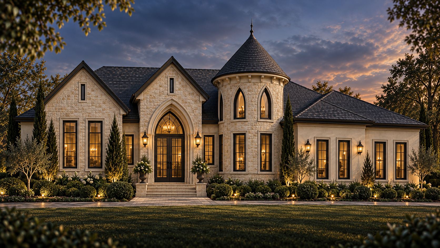 Gothic-inspired custom home in Winter Haven with a round turret, steep roofs, and limestone facade at dusk